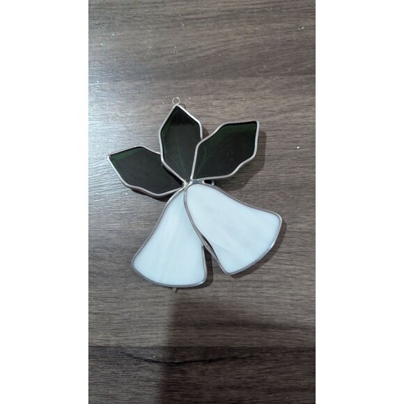 Stained Glass Holly & Bells Ornament White Green Red Holiday Décor Handcrafted - Picture 2 of 5